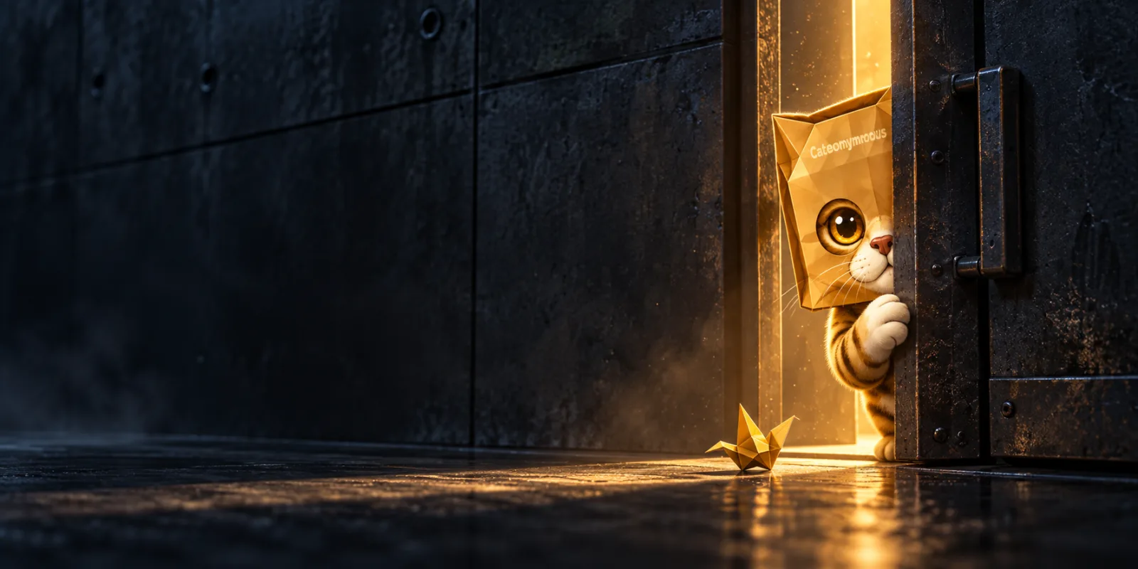 Cateonymous peeking from a partly open door in a dark anonymous passage